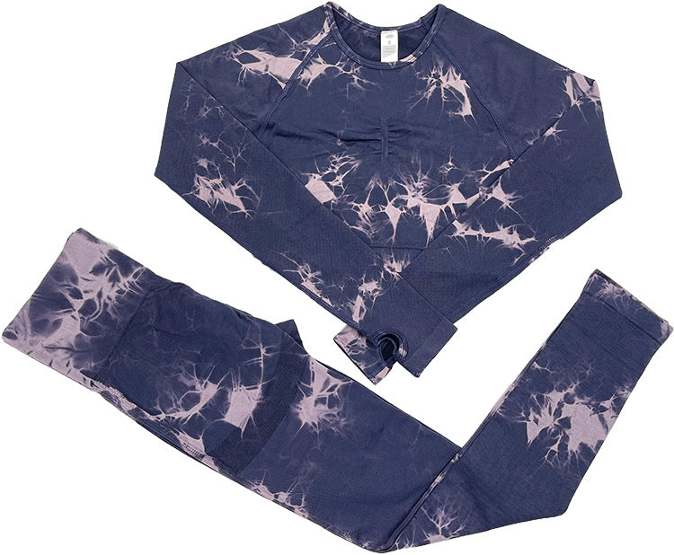 Casual Sports Tie Dye Nylon Spandex Round Neck Tracksuit T-shirt Leggings