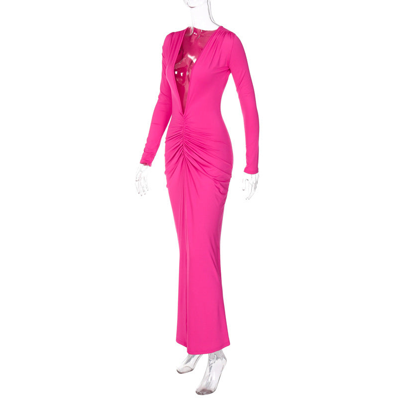 women's regular dress elegant v neck pleated long sleeve solid color maxi long dress daily