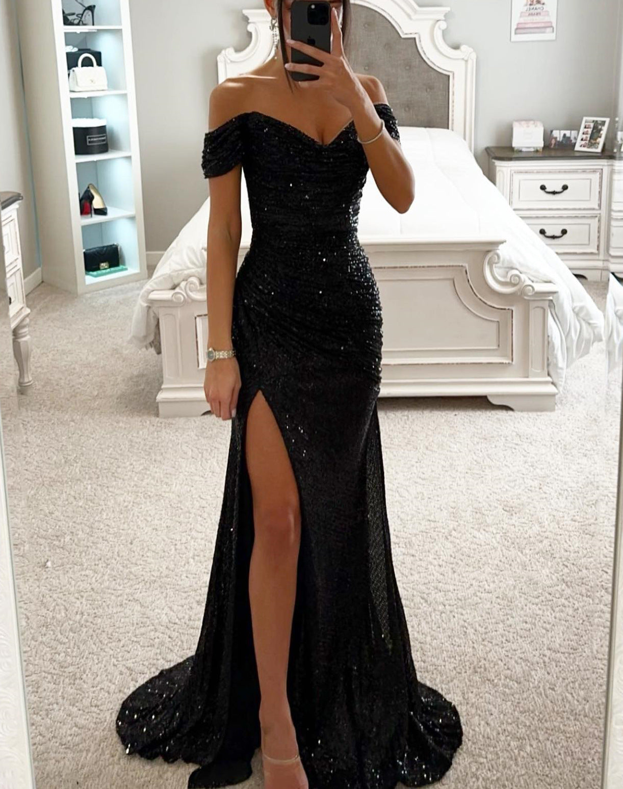 women's party dress classic style v neck sequins slit zipper sleeveless solid color maxi long dress banquet party