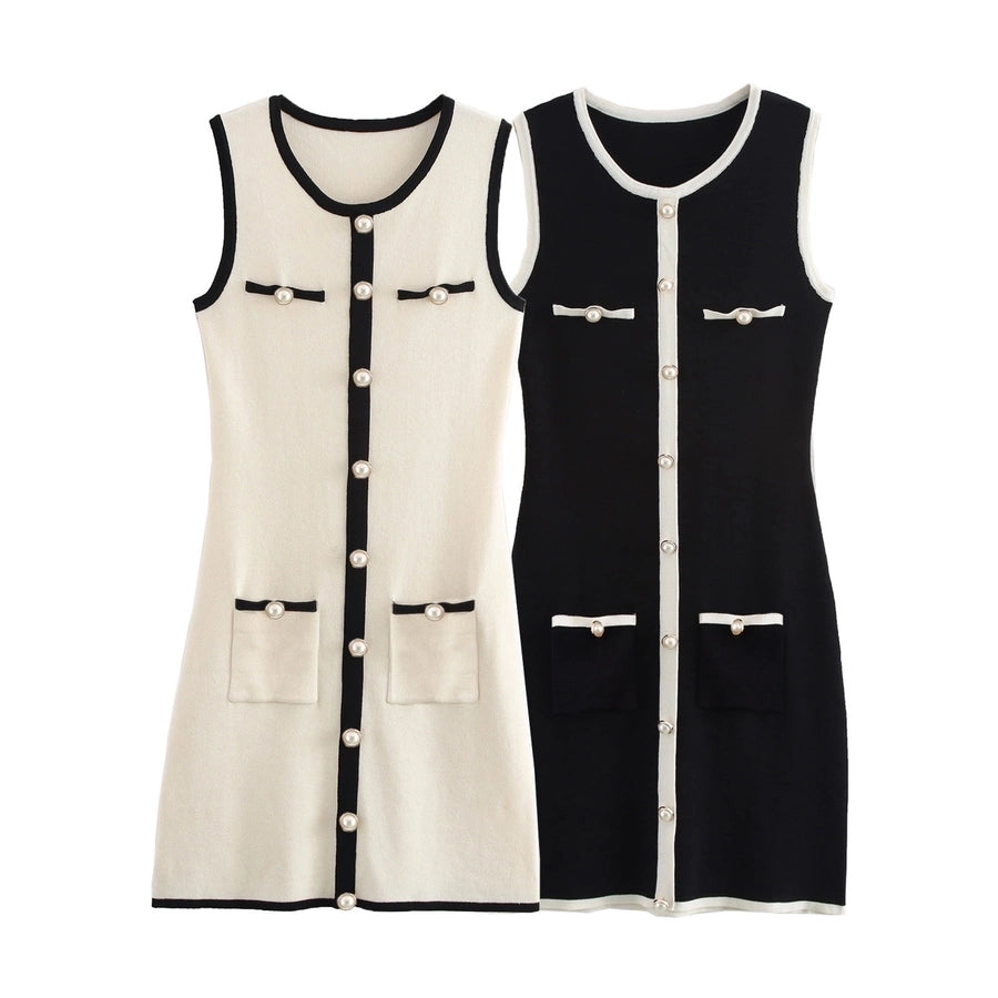 Women's Tank Dress Streetwear Round Neck Button Sleeveless Color Block Above Knee Casual Holiday