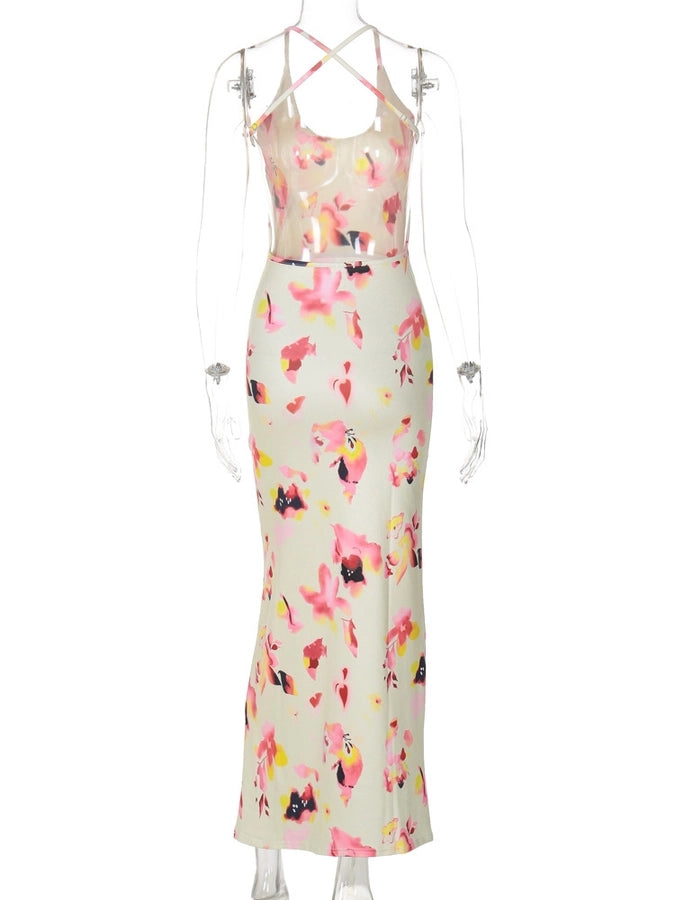 Women's Strap Dress Sexy U Neck Backless Sleeveless Flower Maxi Long Dress Cocktail Party