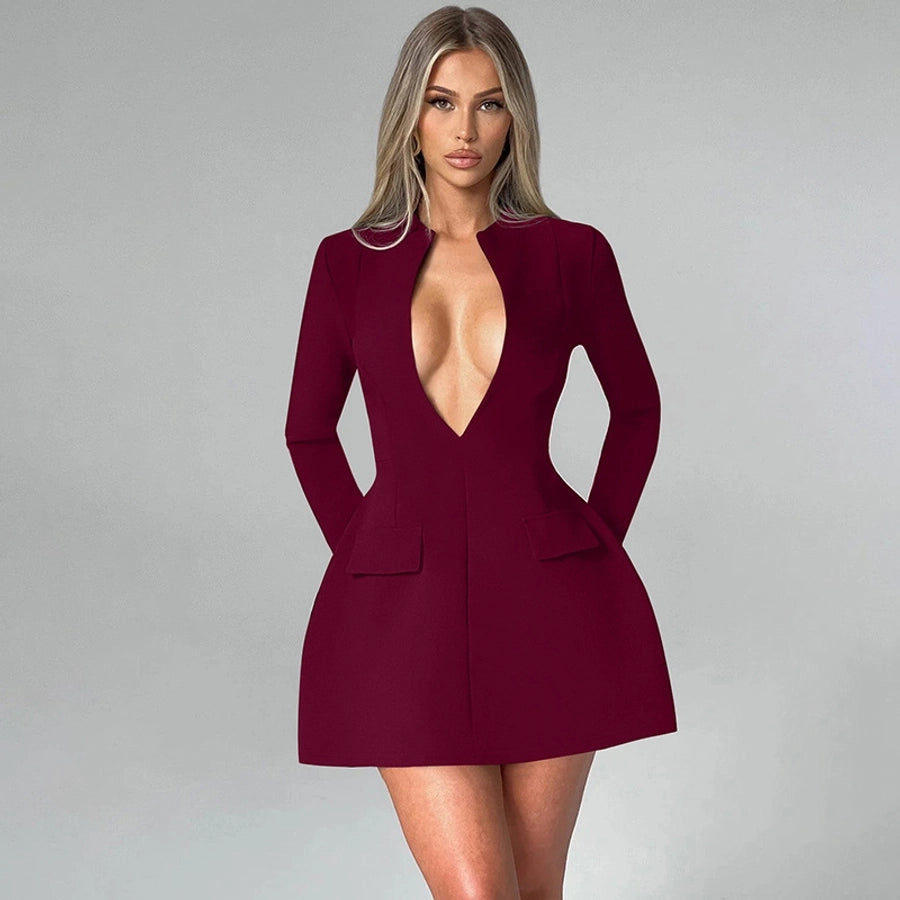 Women's Sheath Dress Vacation Simple Style V Neck Zipper Long Sleeve Solid Color Knee-Length Holiday