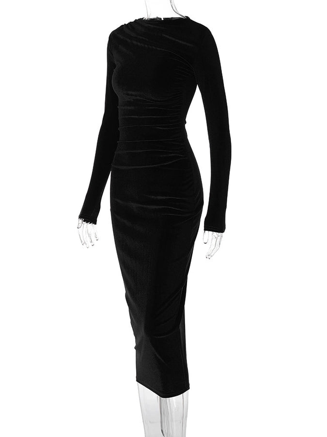 Women's Party Dress Elegant Round Neck Long Sleeve Solid Color Midi Dress Cocktail Party