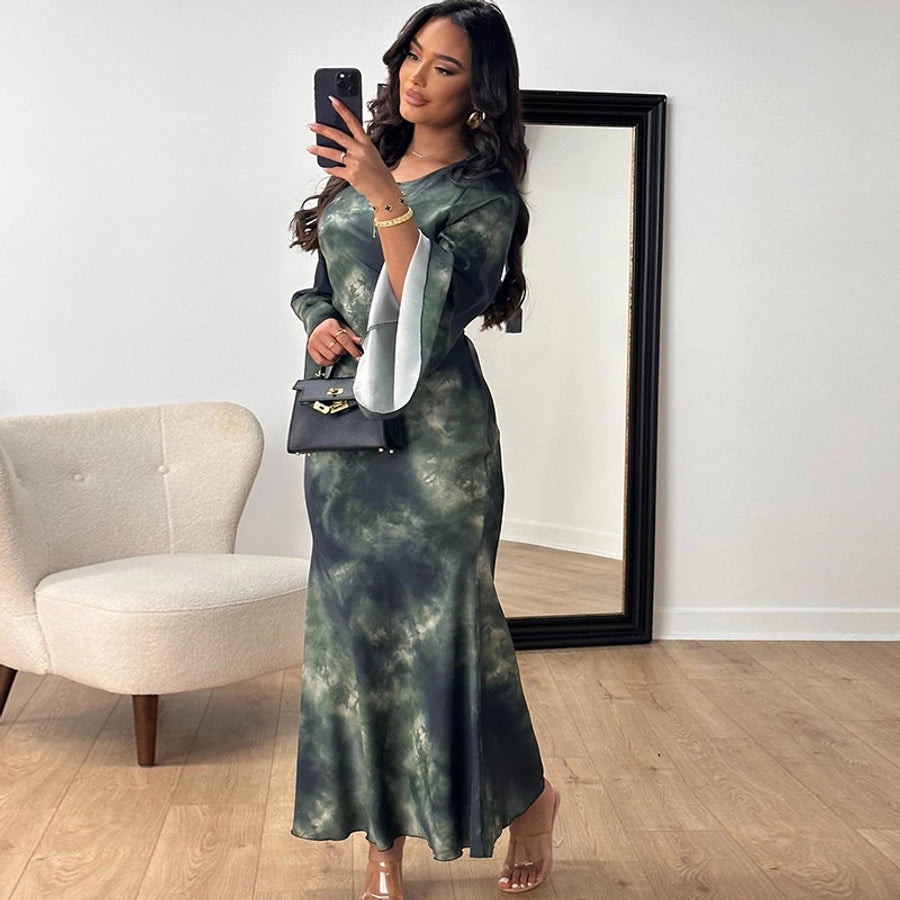 Women's Trumpet Dress Streetwear Round Neck Printing Long Sleeve Abstract Maxi Long Dress Holiday