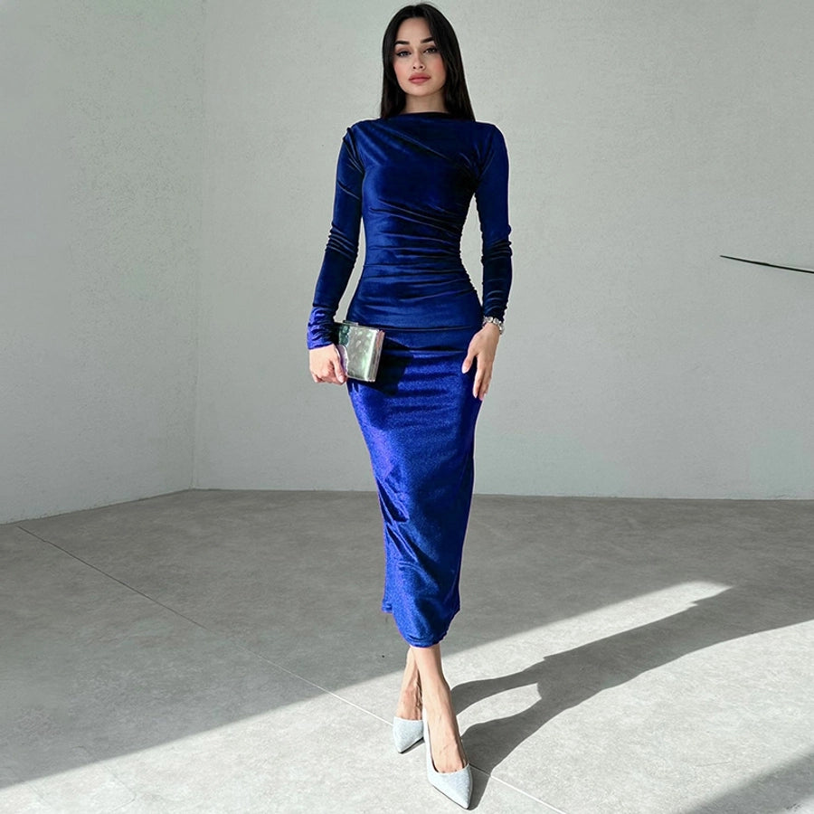Women's Party Dress Elegant Round Neck Long Sleeve Solid Color Midi Dress Cocktail Party