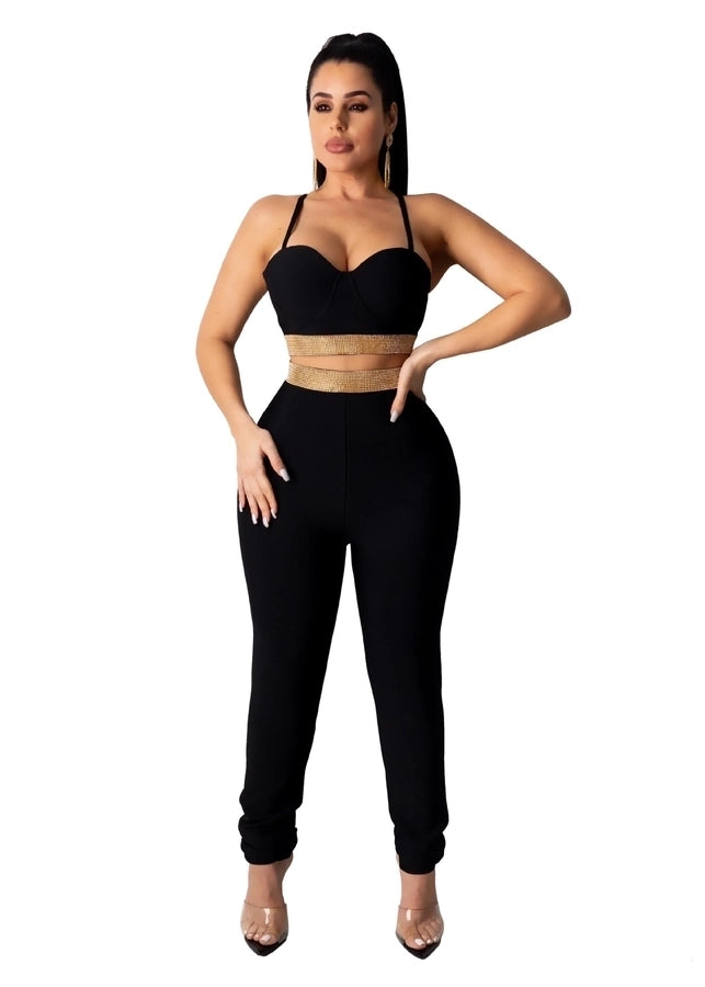 women's fashion solid color polyester knit diamond pants sets