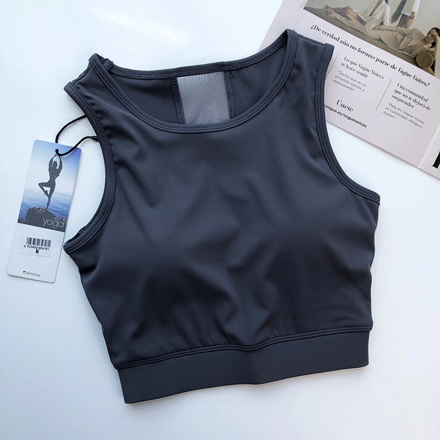 sports solid color nylon spandex round neck active tops vest