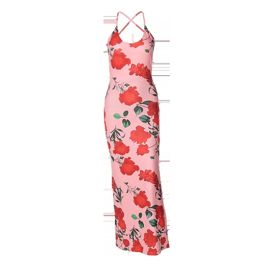 Women's Strap Dress Sexy U Neck Backless Sleeveless Flower Maxi Long Dress Cocktail Party