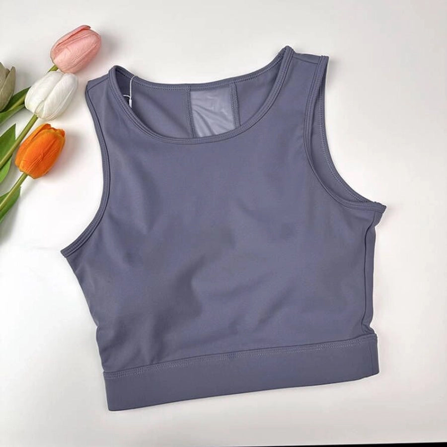 sports solid color nylon spandex round neck active tops vest