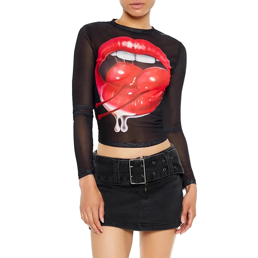 Women's T-shirt Long Sleeve T-Shirts Streetwear Lips Cherry