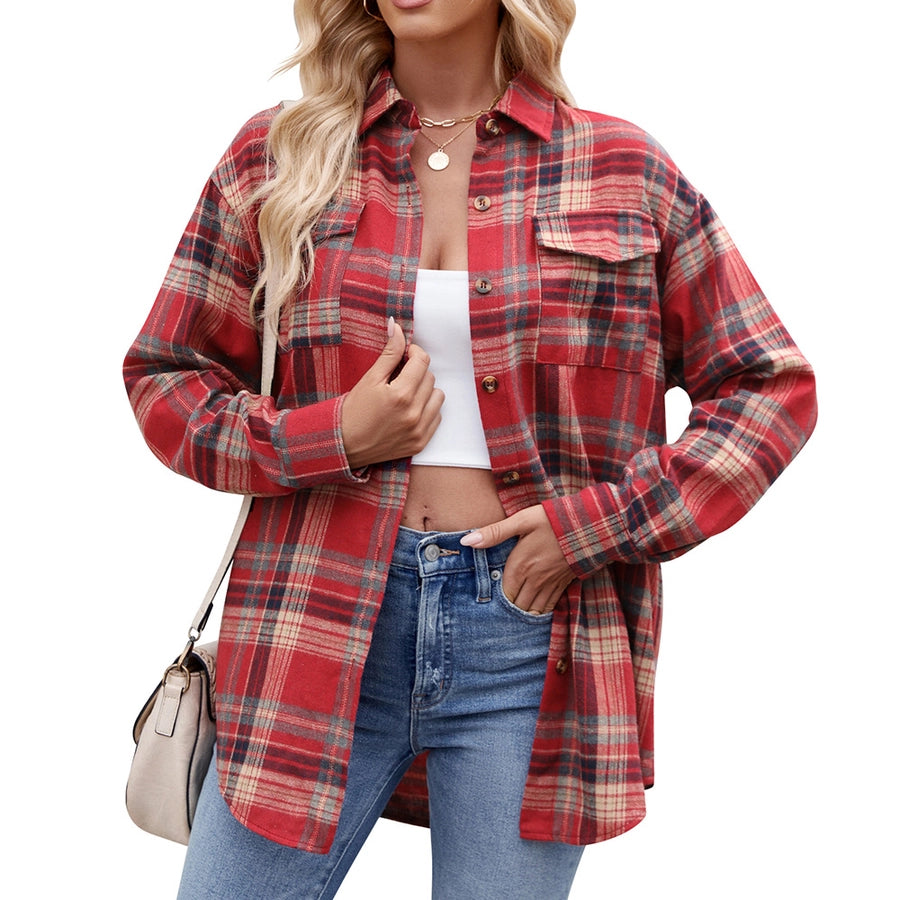 Women's Blouse Long Sleeve Blouses Pocket Streetwear Plaid