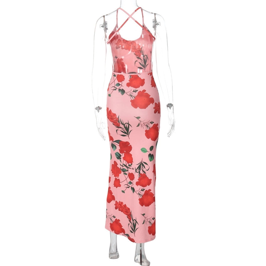 Women's Strap Dress Sexy U Neck Backless Sleeveless Flower Maxi Long Dress Cocktail Party