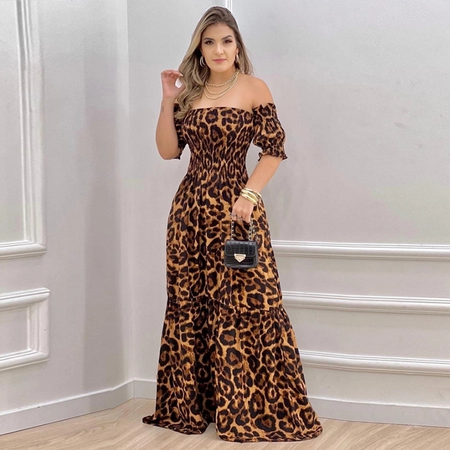 women's tiered skirt vintage style boat neck printing short sleeve leopard maxi long dress street