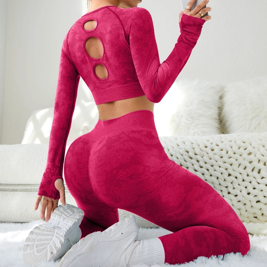 sports solid color nylon round neck hollow out tracksuit t-shirt leggings