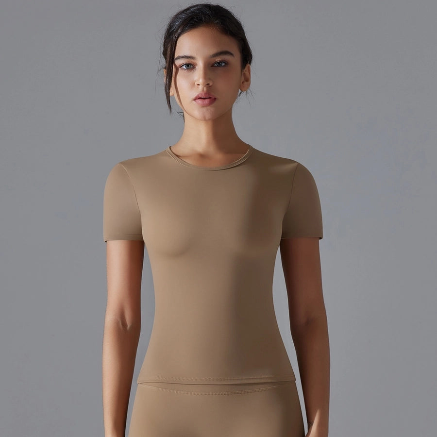 Simple Style Solid Color Nylon Round Neck Active Tops T-shirt