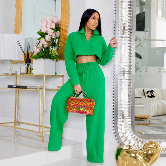 women's simple style solid color polyester button pants sets