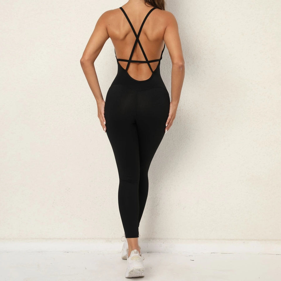 sports solid color cotton blend v neck backless active bottoms halter crisscross tank jumpsuits