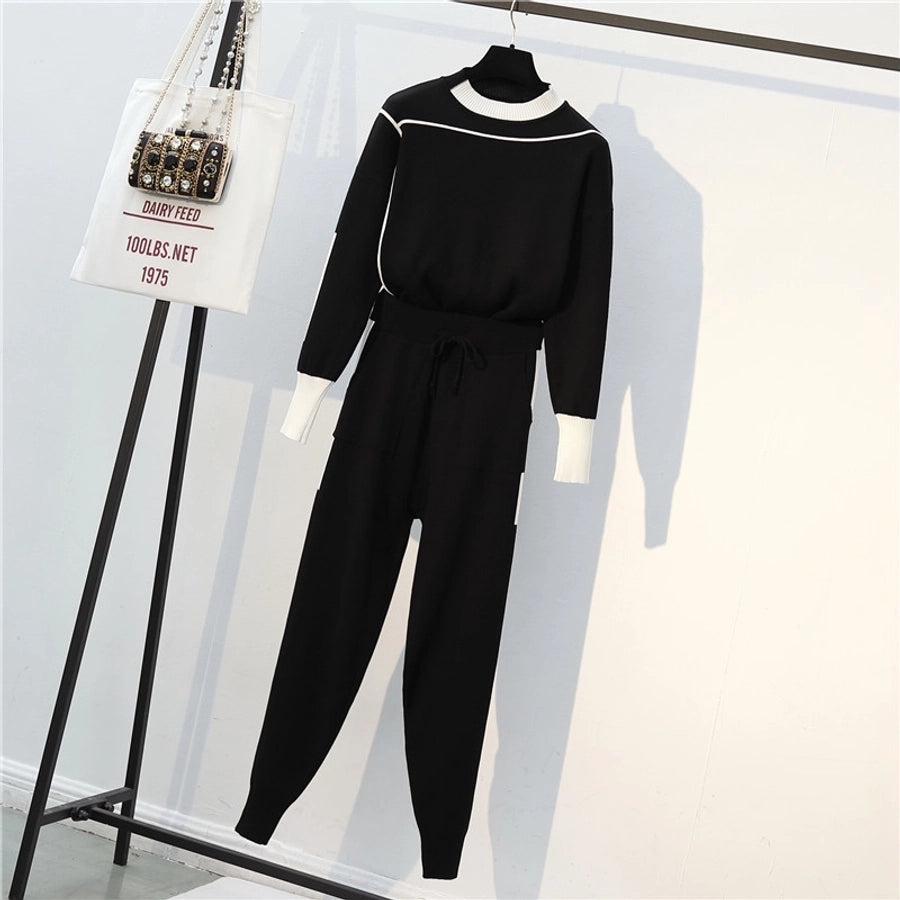 women's casual solid color knitted fabric contrast binding pants sets