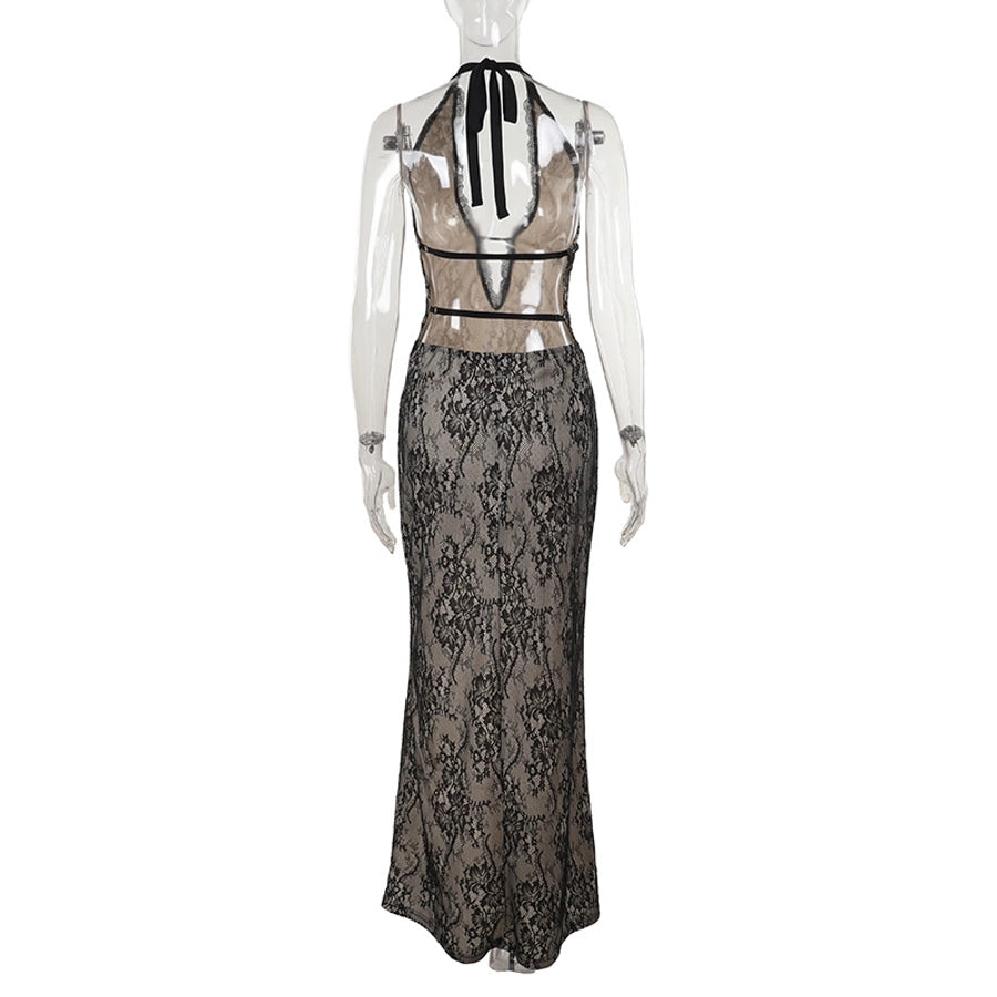 Women's Sheath Dress Sexy Halter Neck Lace Sleeveless Solid Color Maxi Long Dress Holiday