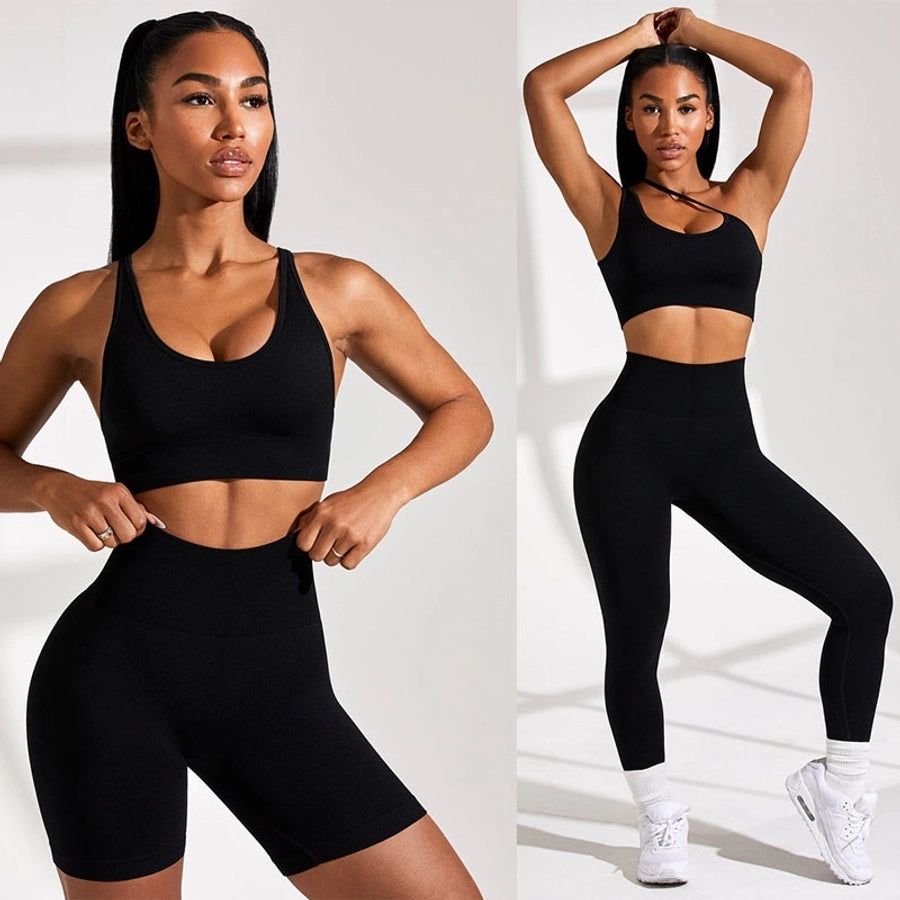 sports solid color chemical fiber blend v neck tracksuit vest leggings