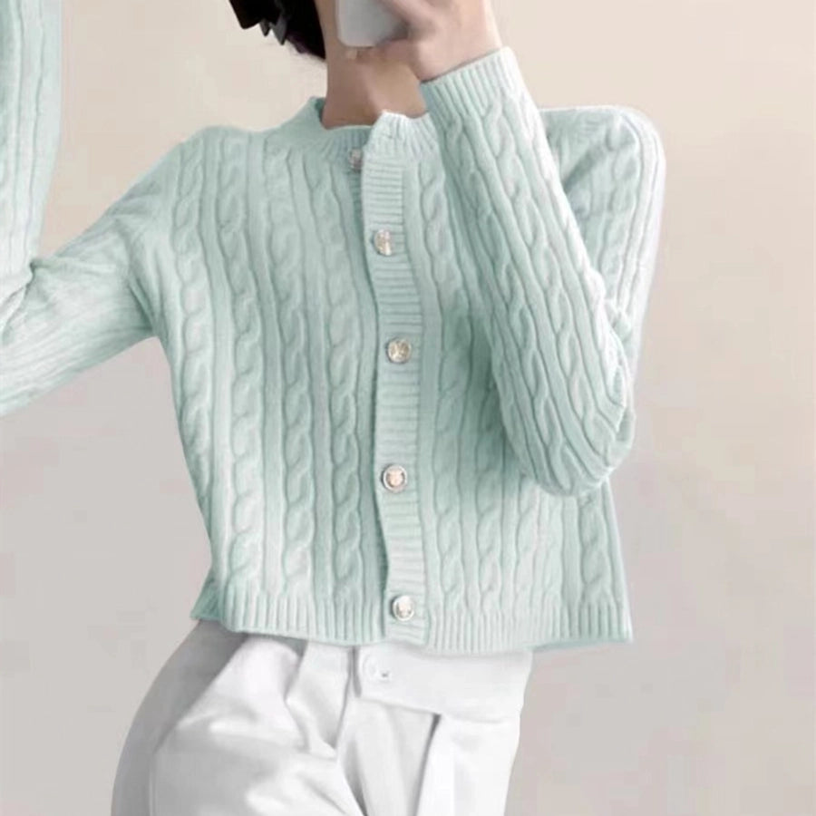 Korean Style Round Neck Twist Knitted Cardigan Women's Autumn Loose Solid Color Top Long Sleeve Candy Color Sweater Coat