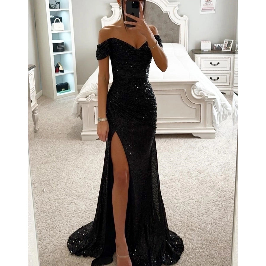 women's party dress classic style v neck sequins slit zipper sleeveless solid color maxi long dress banquet party