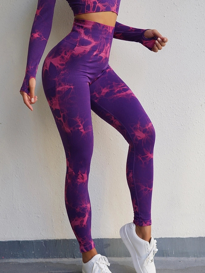 Casual Sports Tie Dye Nylon Spandex Round Neck Tracksuit T-shirt Leggings