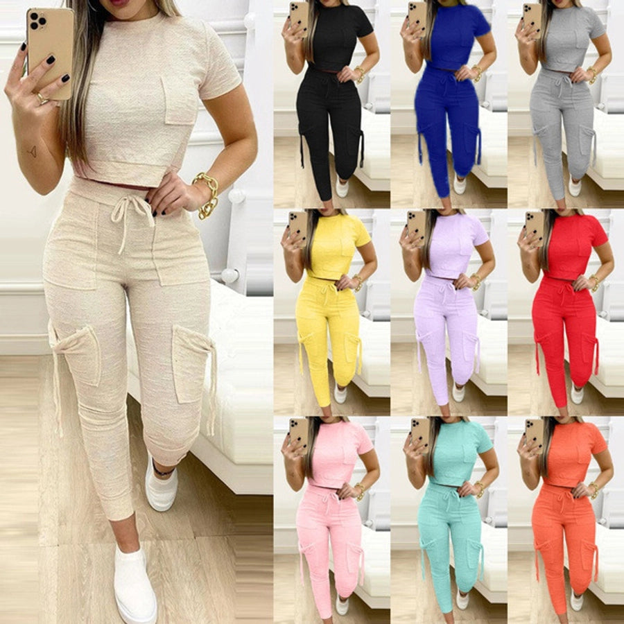 women's casual solid color polyester patchwork pants sets