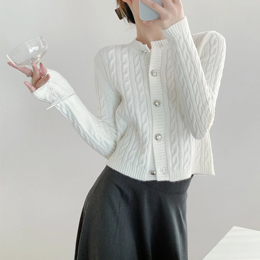 Korean Style Round Neck Twist Knitted Cardigan Women's Autumn Loose Solid Color Top Long Sleeve Candy Color Sweater Coat