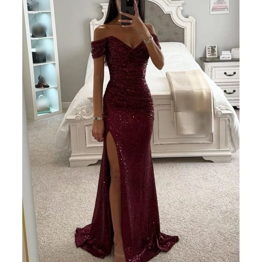 women's party dress classic style v neck sequins slit zipper sleeveless solid color maxi long dress banquet party