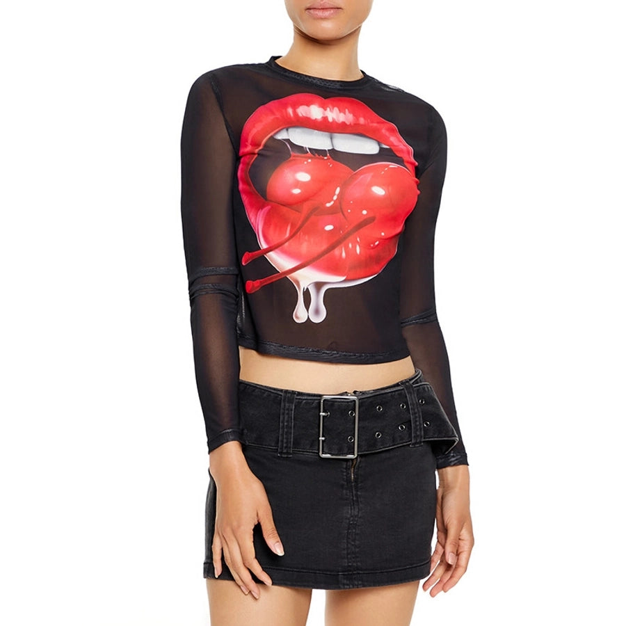 Women's T-shirt Long Sleeve T-Shirts Streetwear Lips Cherry
