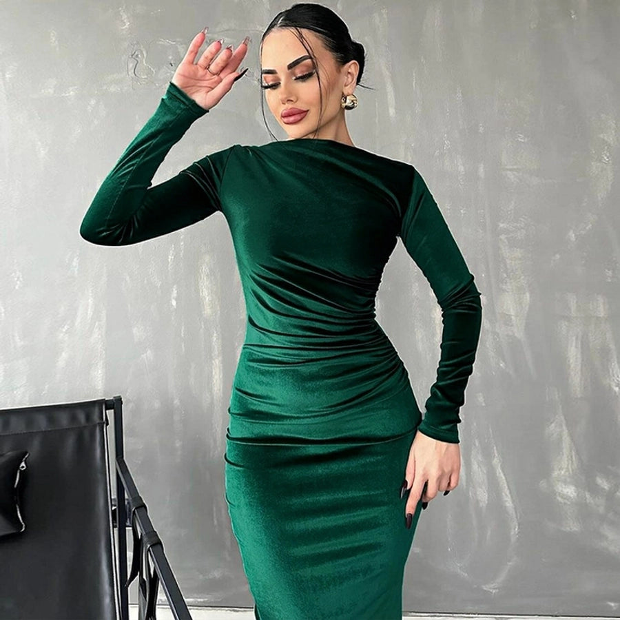 Women's Party Dress Elegant Round Neck Long Sleeve Solid Color Midi Dress Cocktail Party