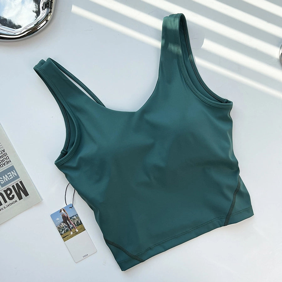 sports solid color nylon u neck active tops vest