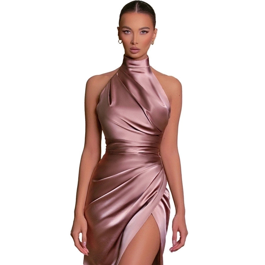 women's party dress elegant sexy standing collar sleeveless solid color maxi long dress banquet party