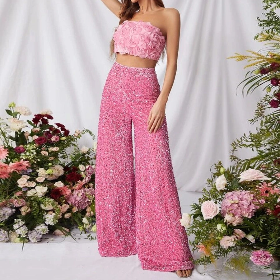 women's party street fashion solid color full length sequins wide leg pants