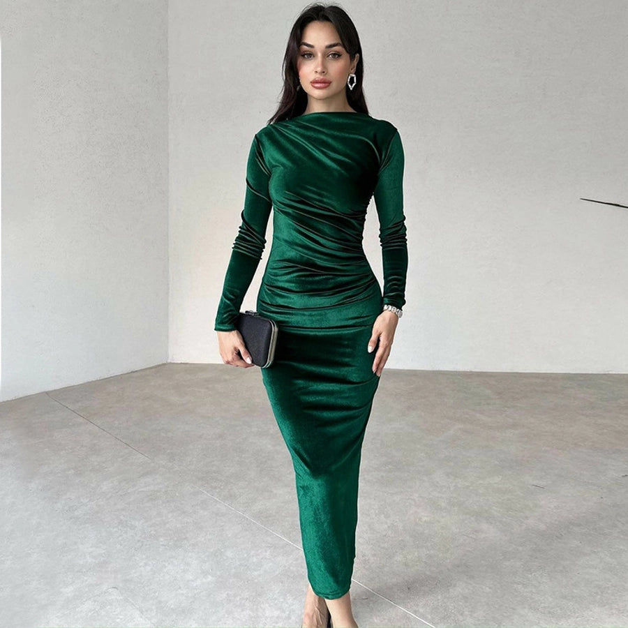 Women's Party Dress Elegant Round Neck Long Sleeve Solid Color Midi Dress Cocktail Party