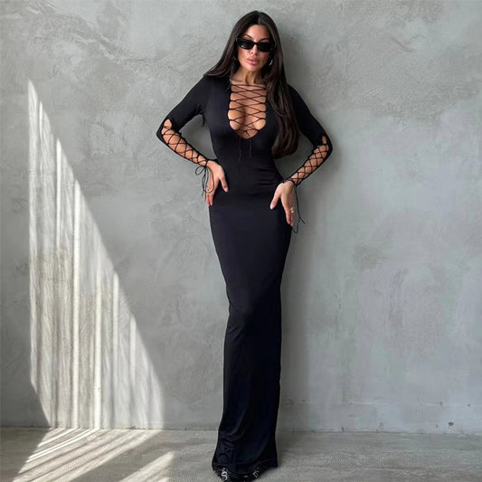 Women's Sheath Dress Streetwear Boat Neck Long Sleeve Solid Color Maxi Long Dress Travel