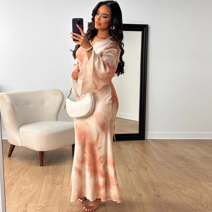 Women's Trumpet Dress Streetwear Round Neck Printing Long Sleeve Abstract Maxi Long Dress Holiday