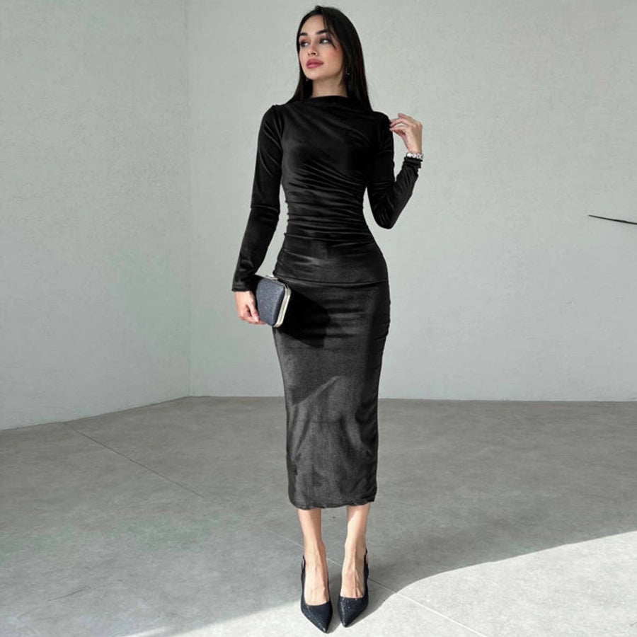 Women's Party Dress Elegant Round Neck Long Sleeve Solid Color Midi Dress Cocktail Party