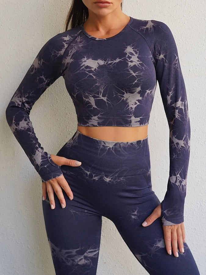 Casual Sports Tie Dye Nylon Spandex Round Neck Tracksuit T-shirt Leggings