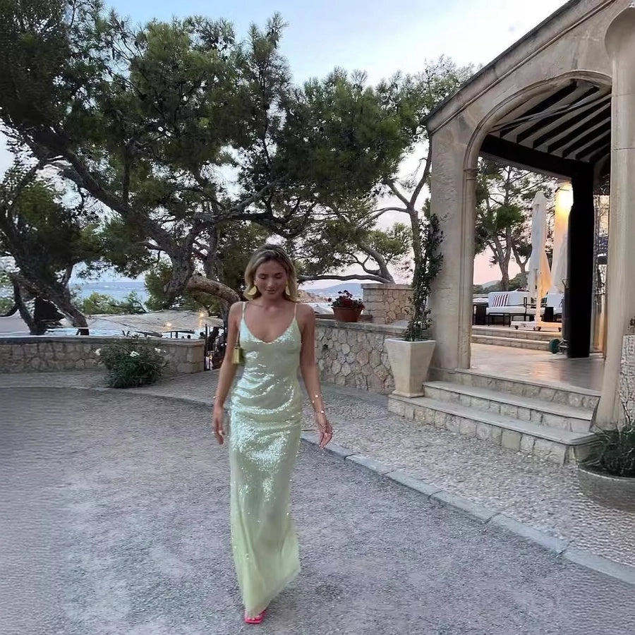 Women's Party Dress Elegant Sexy Strap Deep U Sequins Sleeveless Solid Color Maxi Long Dress Holiday Cocktail Party