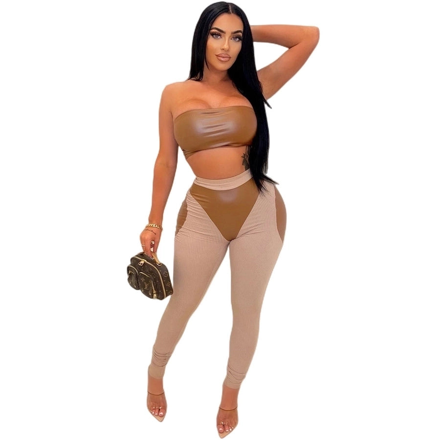 sexy color block pu patchwork pants sets