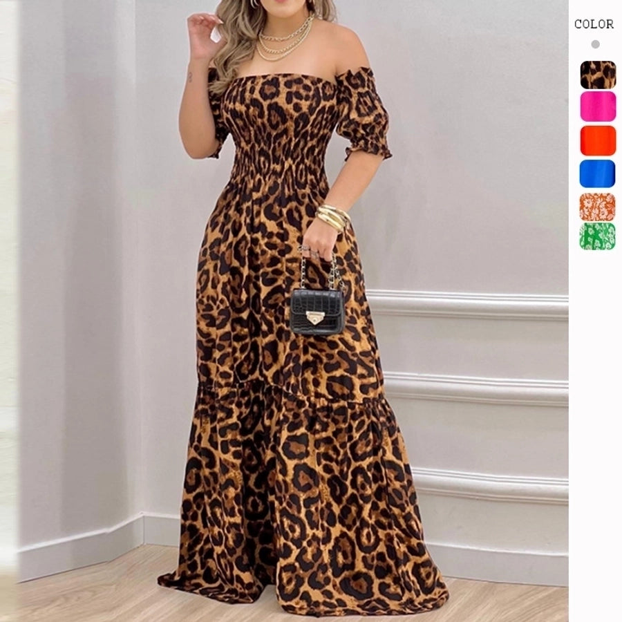 women's tiered skirt vintage style boat neck printing short sleeve leopard maxi long dress street