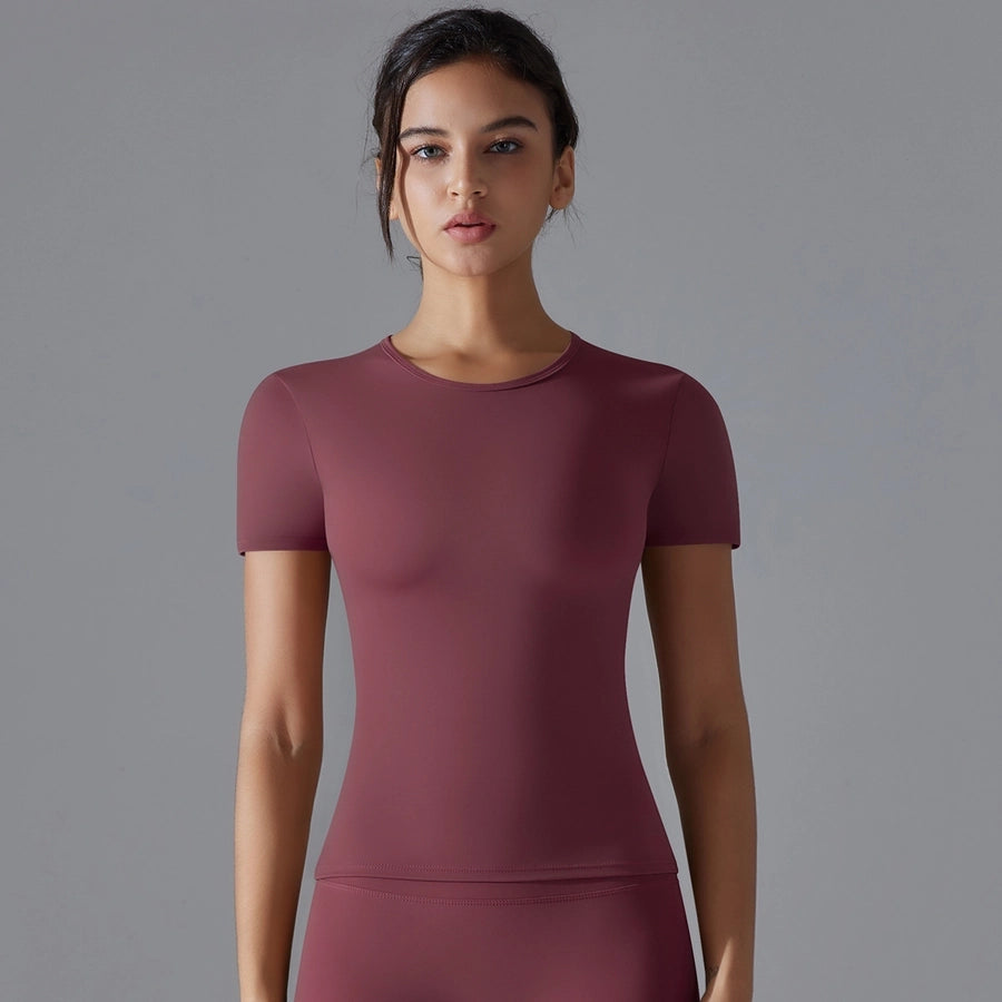 Simple Style Solid Color Nylon Round Neck Active Tops T-shirt