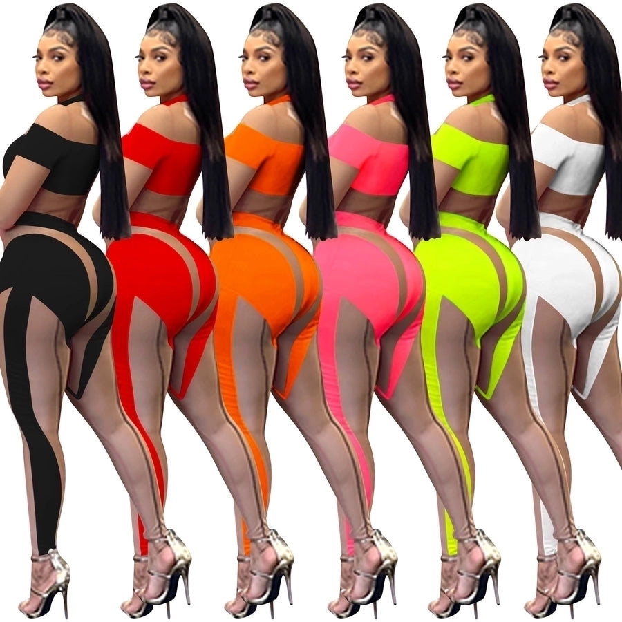 women's holiday party selfie sexy color block full length zipper see-through jumpsuits