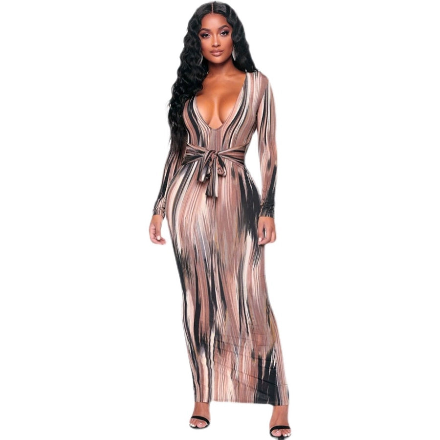 women's sheath dress sexy deep v long sleeve tie dye maxi long dress nightclub party