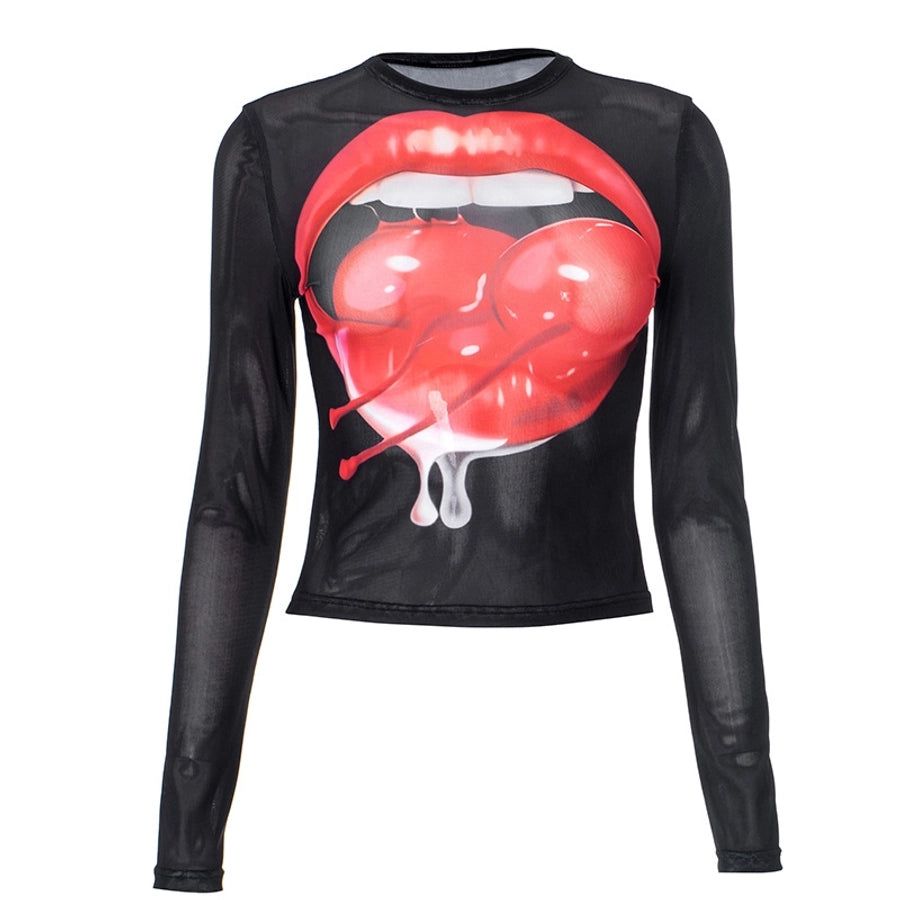 Women's T-shirt Long Sleeve T-Shirts Streetwear Lips Cherry