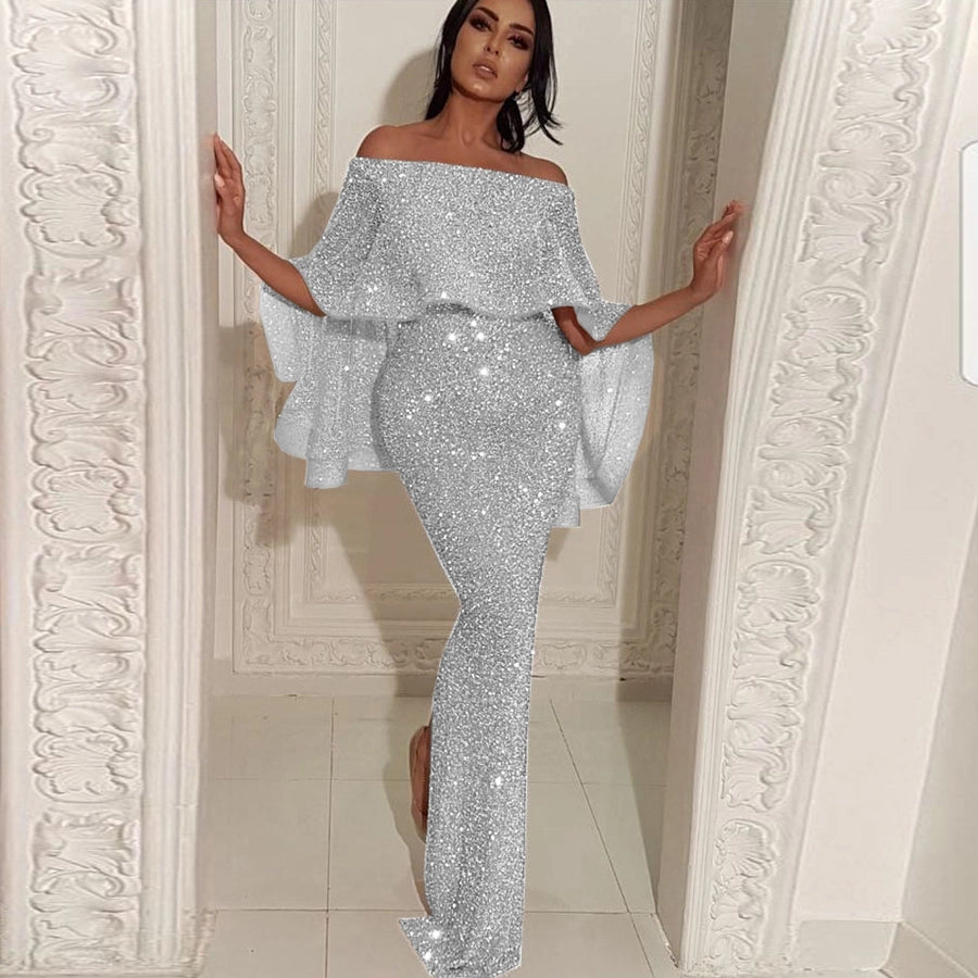 women's party dress elegant boat neck sequins sleeveless solid color maxi long dress banquet