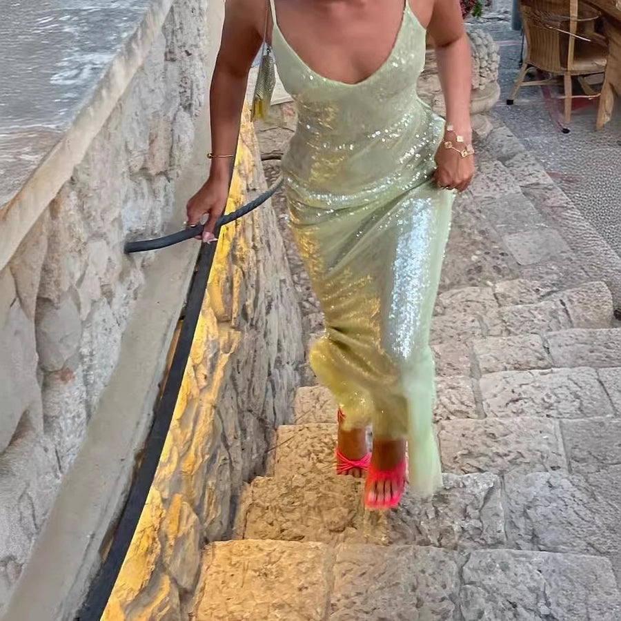 Women's Party Dress Elegant Sexy Strap Deep U Sequins Sleeveless Solid Color Maxi Long Dress Holiday Cocktail Party