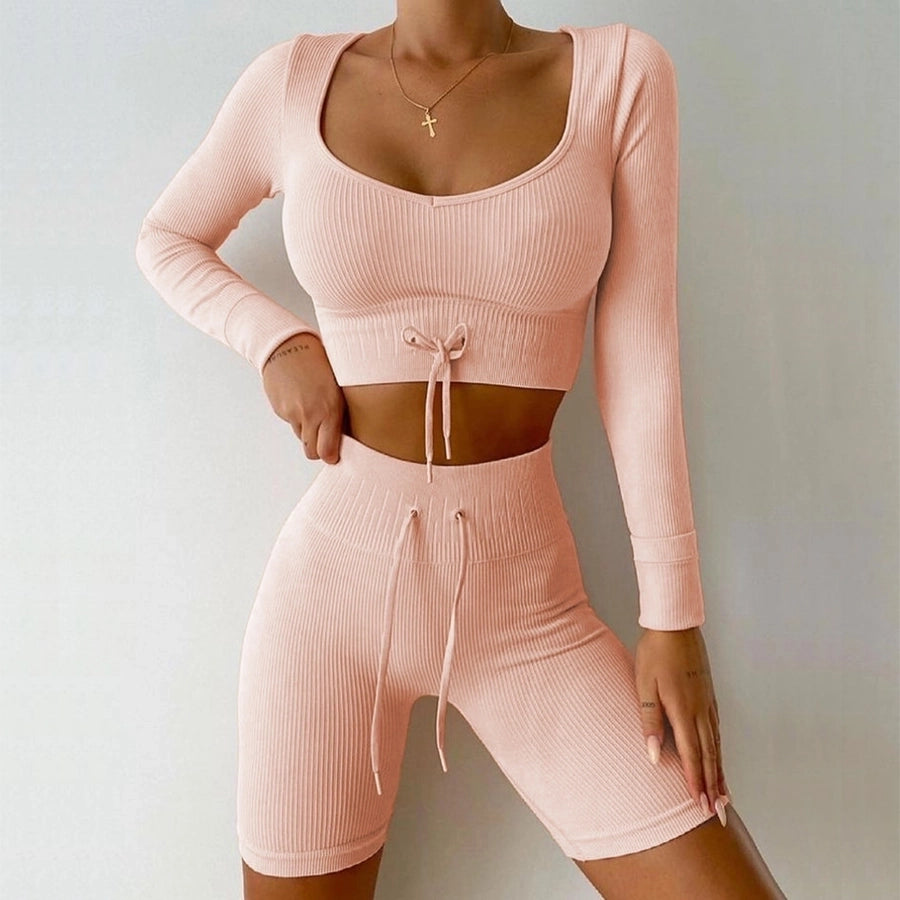 sports solid color nylon round neck active sets t-shirt leggings